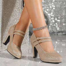 Guld Pumps Shein Women'S Double Buckle Design High Heels Round Toe Platform Cone Heel Shallow Mouth Elegant Mary Jane Shoes With Glitter, Spring/Fall, For Party & Banq