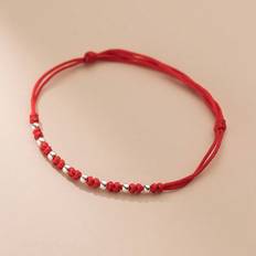 Red Bracelets Shein 1pc Minimalist 925 Silver Beaded Red Rope Bracelet For Daily Wear, Adjustable