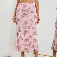 XS Skirts Shein Women'S Valentine'S Day Floral Printed Fish Tail Hem Romantic Mesh Skirt With Elastic Waist