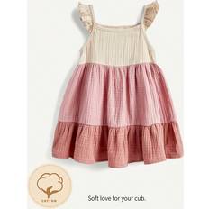 Ruffled dresses - Sleeveless Shein Baby Girl Color-Block Ruffle-Trimmed Sundress With Shoulder Straps