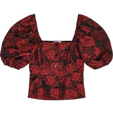 Red Blouses Ganni Red Botanical Jacquard Fitted Blouse in High Risk Red Polyamide/Polyester/Recycled Polyester Women's