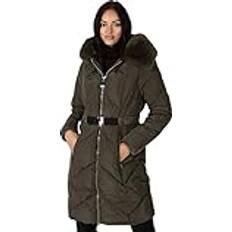 Lovedrobe Women's Winter Jacket Ladies Coat Quilted Padded Faux Fur Hood Belted Puffa Zip Front Pockets Puffer Outerwear, Khaki