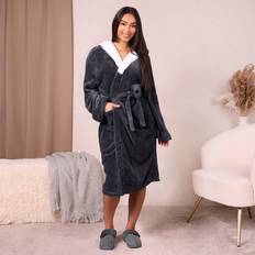 Flannel Fleece Hooded Dressing Gown Bathrobe Dark Grey