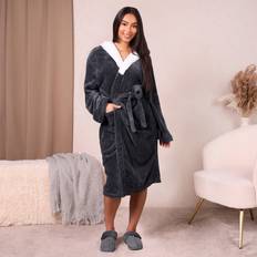 Sienna Flannel Fleece Hooded Dressing Gown Bathrobe Dark Grey