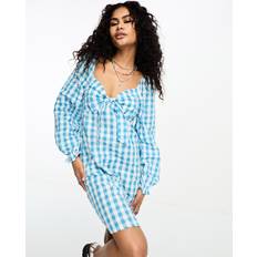 Only bow detail smock mini dress in blue gingham3XL