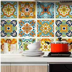 Wallpapers Morocco Tiles Peel and Stick Wallpaper Removable Orange/Blue/White Kitchen backsplash Bathroom 17.7in x 9.8ft contactpaper