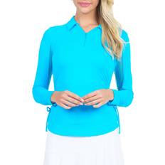 Turquoise - Women Polo Shirts Ibkul Women's Adjustable Length Long Sleeve Zip Polo 2163597 Turquoise