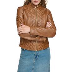 Leather Jackets - Quilted Andrew Marc Women's Marlette Quilted Lamb Leather Scuba Jacket Cognac Cognac