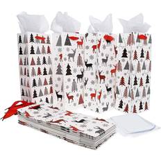 Party Supplies White Christmas Gift Bags, Wine Bag with Tissue Paper 5 x 13.6 x 4 in, 12 Pack Multi