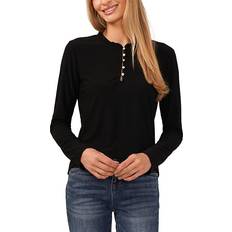 Black Blouses CeCe Ruffle Trim Knit Henley