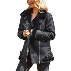 Roman Faux Fur Lined Zip Detail Aviator Jacket - Black