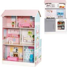 Casart 2 in 1 Wooden Doll House and Play Kitchen w/3 Storey &Furniture for 3