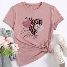 Leopard - Women T-shirts Shein Plus Women'S Love Heart Leopard Print Round Neck Short Sleeve T-Shirt