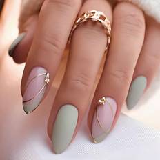 Nagelprodukter Shein 24Pcs Grey Pink Almond Shape Press On Nails Press On Nails Chrome Metallic Streak Art Nail Press Ons