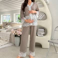 Graviditet & Amning Shein Maternity Lace Splicing Long Sleeve Pajama Set For Mother
