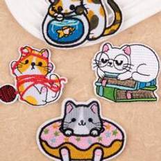 Tygmärken & Laglappar Shein 4pcs/set Cat Embroidered Iron-on Patch, Cartoon Cute Polyester DIY Clothing Accessories For DIY