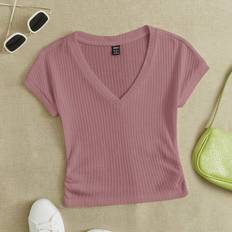 Shein Pink T-shirts Shein Solid Color V-Neck T-Shirt - Women