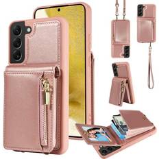 Wallet Cases ELEHOLD Zipper Wallet Case for Samsung Galaxy S22 Plus Premium Leather with Organ Card Holders Zipper Purse Stand Function Detachable Long & Short Strap Crossbody Luxury Case