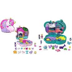 Polly Pocket Unicorn Forest Compact Tea Party-Themed Playset with Glitter Horn, 2 Micro Dolls & 13 Accessories & Otter Aquarium Compact, 2 Micro