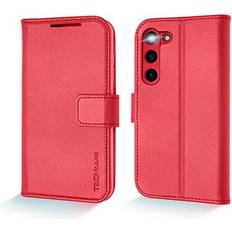 TechGear Red Samsung Galaxy S23 Plus Leather Wallet Case, Genuine Leather Magnetic Flip [RFID Blocking] Case with Shockproof TPU, Card Slots, Stand Folio Cover