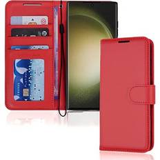 TechGear Red Samsung Galaxy S23 Ultra Leather Wallet Case, Flip Protective Cover with Wallet Card Holder, Stand and Wrist Strap PU Leather with Magnetic Closure