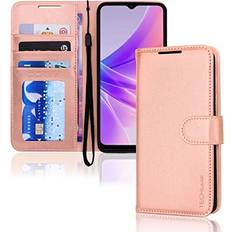 Gold Wallet Cases TechGear Rose Gold Leather Wallet Case for Oppo A57e A57s A57 4G, Flip Protective Case Cover with Wallet Card Holder, Stand & Wrist Strap