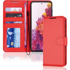 Brown Wallet Cases TechGear Galaxy S20 FE Leather Wallet Case, Flip Protective Case Cover with Wallet Card Holder, Stand and Wrist Strap Red PU