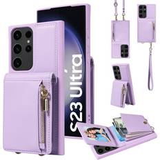 Wallet Cases ELEHOLD Zipper Wallet Case for Samsung Galaxy S22 Ultra Premium Leather with Organ Card Holders Zipper Purse Stand Function Detachable Long & Short Strap Crossbody Luxury Case Purple