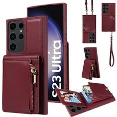 Wallet Cases ELEHOLD Zipper Wallet Case for Samsung Galaxy S22 Ultra Premium Leather with Organ Card Holders Zipper Purse Stand Function Detachable Long & Short Strap Crossbody Luxury Case Winered