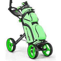 Green Golf Trolleys Costway Folding 4-Wheel Golf Push Cart with Adjustable Handle Push Cart LS