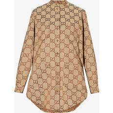 Womens Camel/ebony Monogram-pattern Textured Regular-fit Cotton-blend Shirt