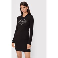 Love Moschino dam tight-fit långa ärmar stretch bomull modal fleece med hjärta olografiskt tryck klänning, svart