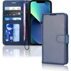 iPhone 13 Leather Wallet Case, Flip Protective Case Cover with Wallet Card Holder, Stand and Wrist Strap Blue PU
