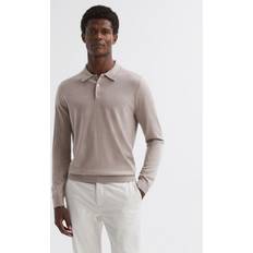 Men - Wool Polo Shirts Reiss Mens Mink Trafford Long-sleeve Merino-wool Polo top