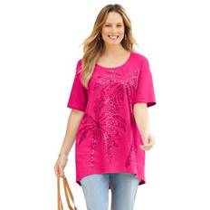Catherines Plus Women's Slub Knit Sparkling Sequin Tee in Pink Burst Palm Tree Graphic Size 1X