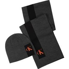 Calvin Klein Men Scarfs Calvin Klein Men's Enclosed Silicone CK Monogram Beanie and Scarf Set, Gunmetal Heather