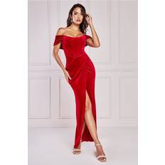 Goddiva Velvet Bardot Corset Maxi Dres - Wine