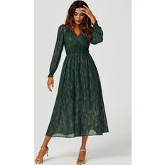 Gold - Long Dresses FS Collection Gold Stripe Foil V-Neckline Long Sleeve Maxi Dress In Green