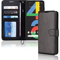 Google Pixel 4a Wallet Cases TechGear Black Pixel 4a Leather Wallet Case, Flip Protective Cover with Card Holder, Stand and Wrist Strap PU Leather with Magnetic Closure For Google Pixel 4a