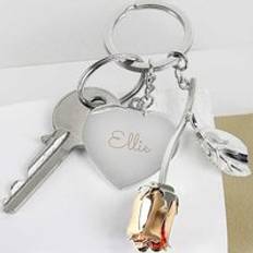 Freemans Personalised Silver Plated Heart & Rose Gold Tone Rose Keyring