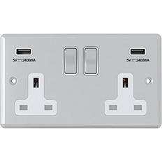 AET CPC2GUSBWC 2 Gang 13 A Double Plug Classical Chrome Polished Socket with USB Charging Ports and White Insert Rocker Switch