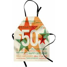 Ambesonne 50th Birthday Happy Birthday All Languages Retro Style Backdrop Stars Bib Apron Black
