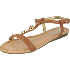 UK Child, Tan Brown Girls Casual T-bar Sandals With Skull And Cross Detail
