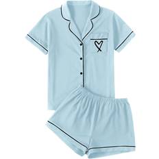 Lyaner Womens Pajamas Set Heart Print Button Short Sleeve Shirt with Shorts Sleepwear PJs Set Light Blue