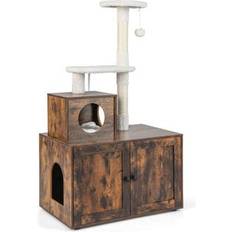 Costway Cat Tree with Litter Box Enclosure with Cat Condo-Rustic Brown