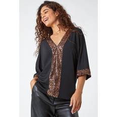 Elastane/Lycra/Spandex Blouses Roman Sequin Detail Keyhole Stretch Top Black