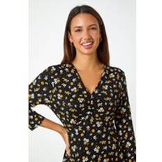 Amarillo Blusas Roman Floral Print Ruched Stretch Top Mustard