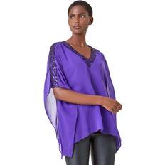 Purple Blouses Roman Sequin Trim Overlay Stretch Top Purple