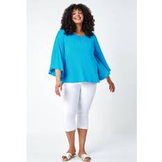 Elastane/Lycra/Spandex Blouses Roman Curve Stretch Jersey Cape Sleeve Top Turquoise