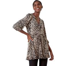 Beige - Elastane/Lycra/Spandex Blouses Roman Animal Print Stretch Tunic Top Beige